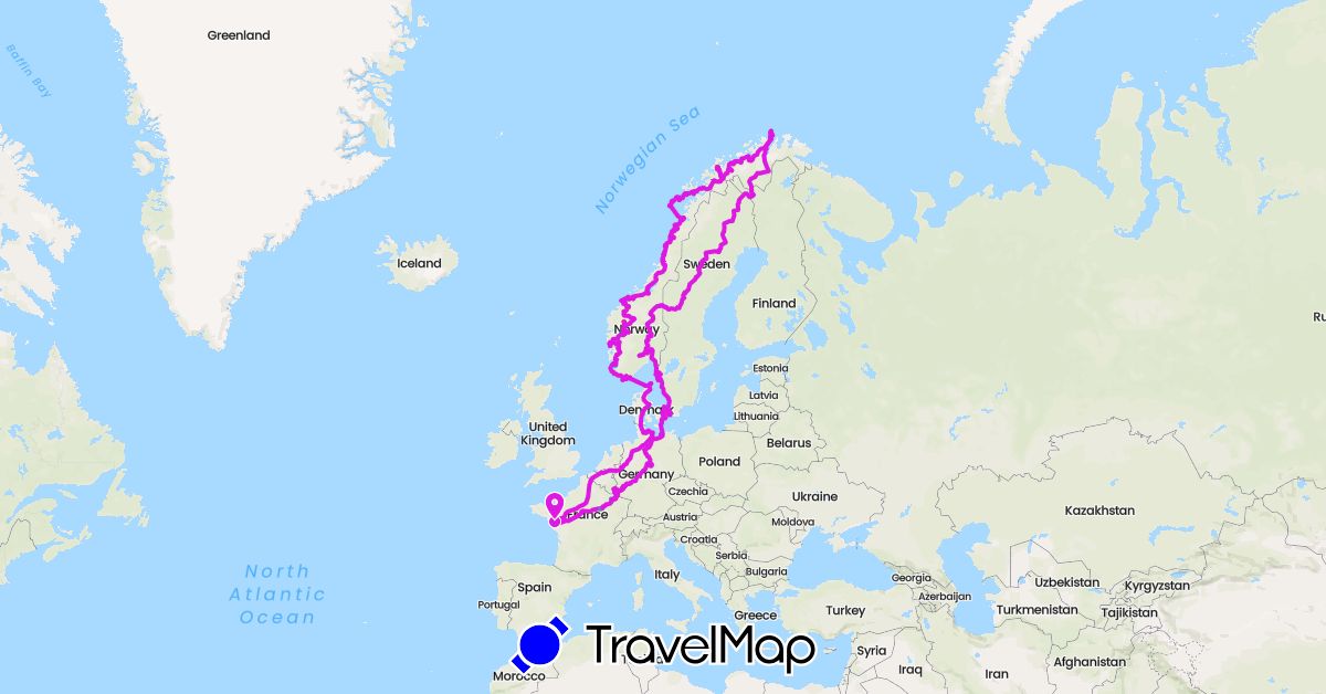 TravelMap itinerary: driving, bus, cycling, hiking, boat in Germany, France, Norway (Europe)