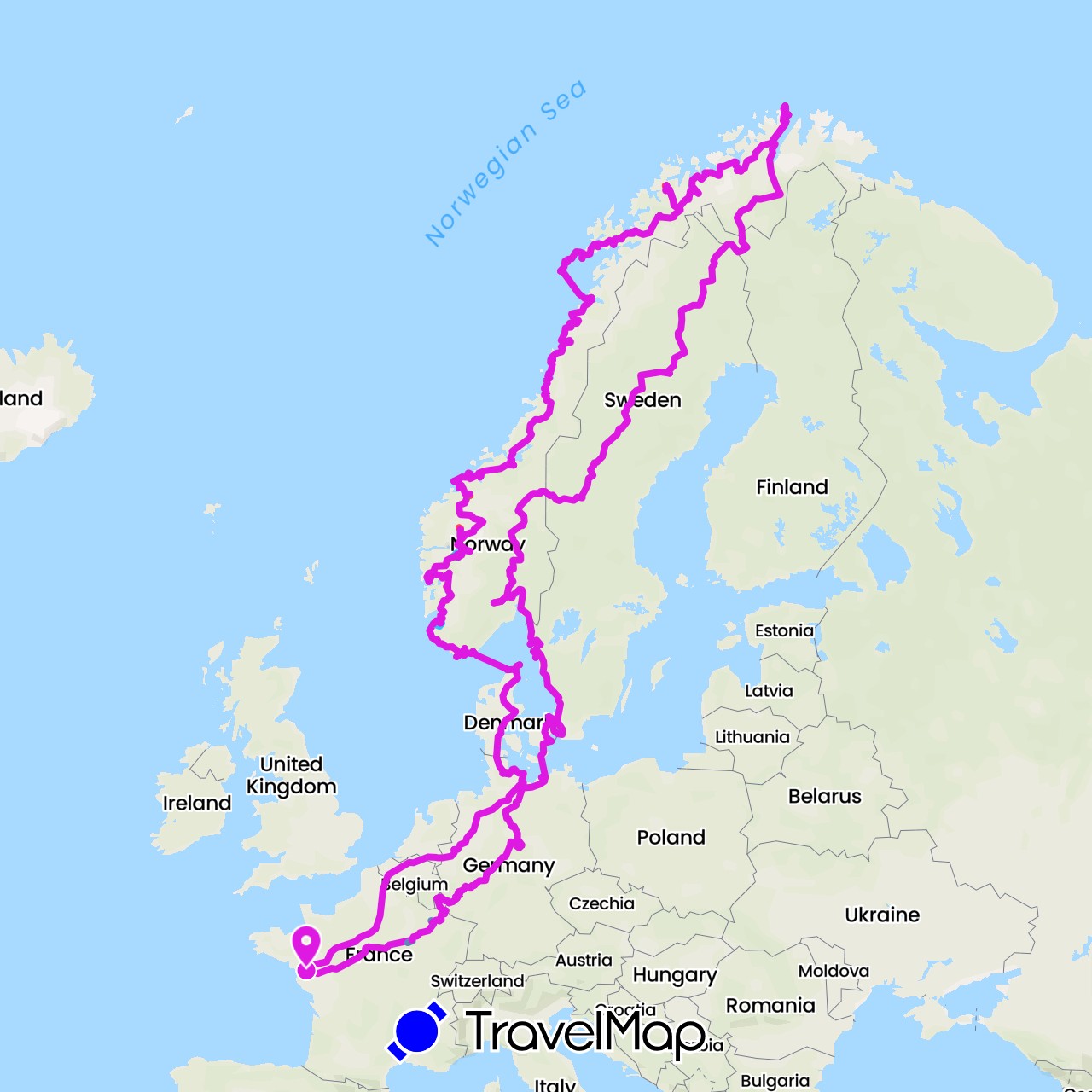 TravelMap itinerary: driving, bus, cycling, hiking, boat in Germany, France, Norway (Europe)