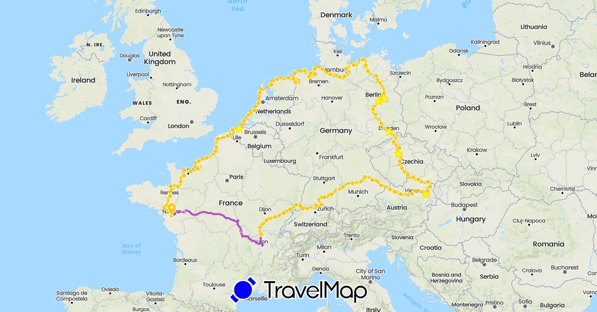TravelMap itinerary: cycling, train in Austria, Belgium, Czech Republic, Germany, France (Europe)