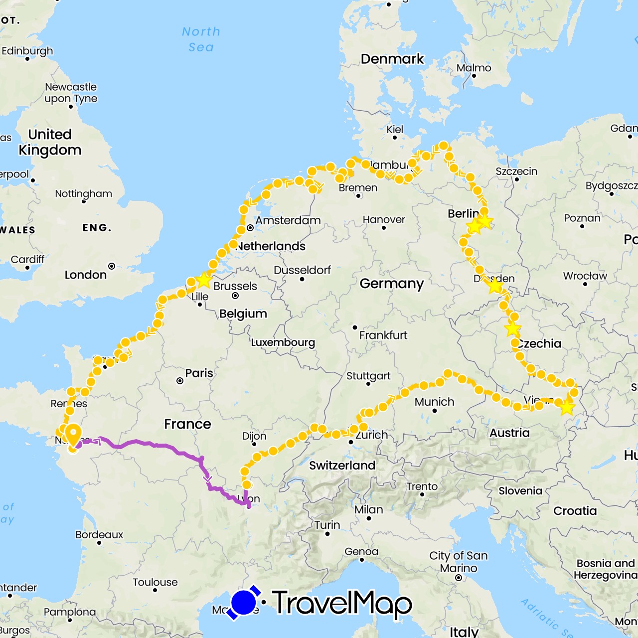 TravelMap itinerary: cycling, train in Austria, Belgium, Czech Republic, Germany, France (Europe)