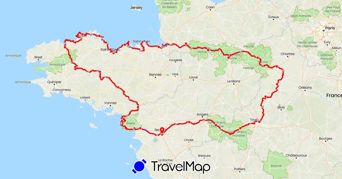 TravelMap itinerary: cycling, parcours reel in France (Europe)