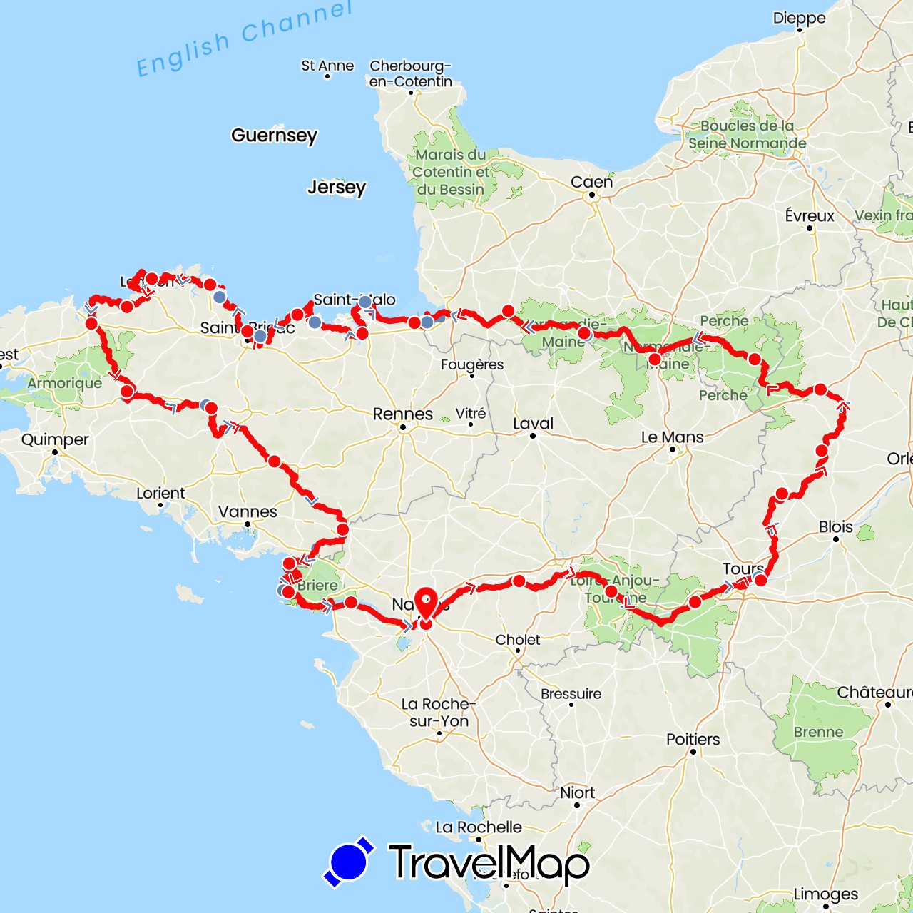 TravelMap itinerary: cycling, parcours reel in France (Europe)
