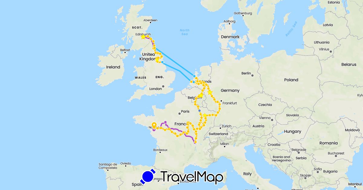 TravelMap itinerary: cycling, train, boat in Belgium, Germany, France, United Kingdom, Netherlands (Europe)