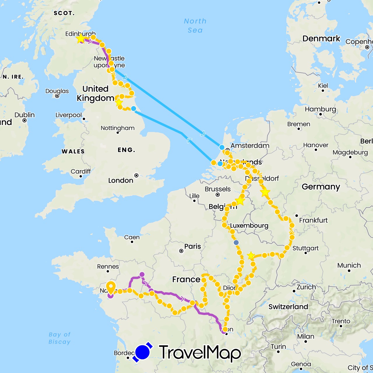 TravelMap itinerary: cycling, train, boat in Belgium, Germany, France, United Kingdom, Netherlands (Europe)