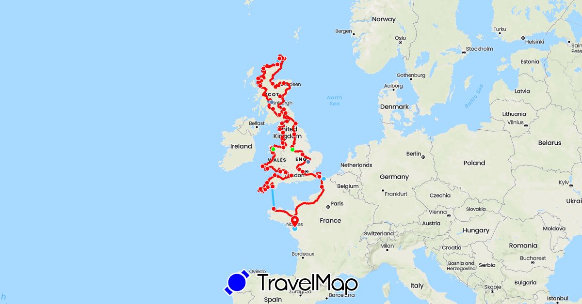 TravelMap itinerary: driving, cycling, boat, parcours reel, rando in France, United Kingdom (Europe)