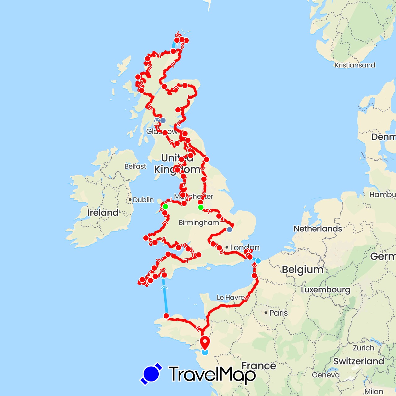 TravelMap itinerary: driving, cycling, boat, parcours reel, rando in France, United Kingdom (Europe)