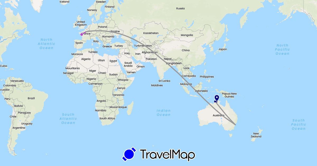 TravelMap itinerary: driving, plane, train in Australia, France, India (Asia, Europe, Oceania)