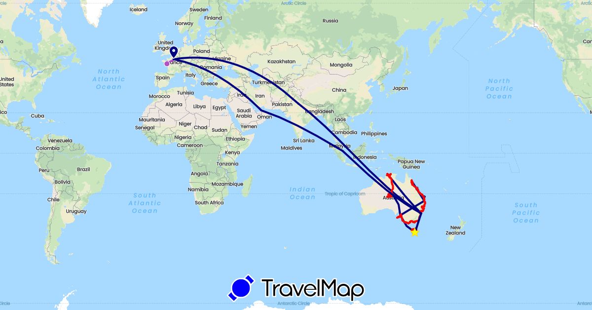 TravelMap itinerary: driving, bus, train, boat, parcours reel, rando in United Arab Emirates, Australia, France, India, Singapore (Asia, Europe, Oceania)