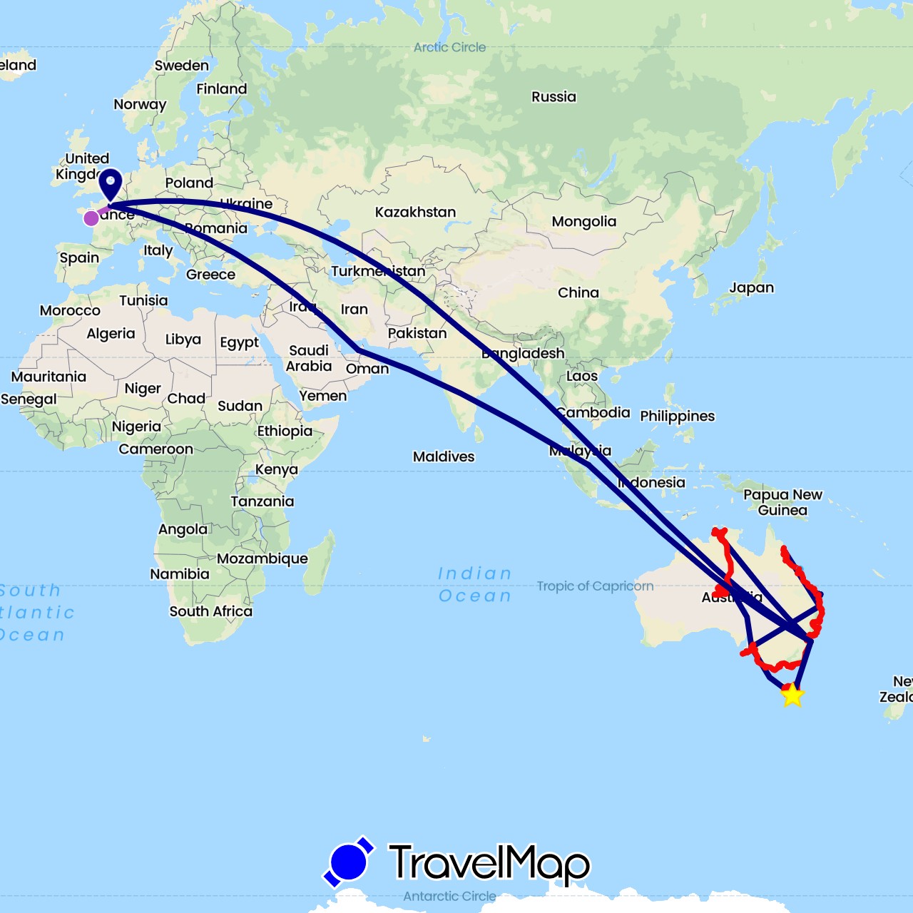 TravelMap itinerary: driving, bus, train, boat, parcours reel, rando in United Arab Emirates, Australia, France, India, Singapore (Asia, Europe, Oceania)