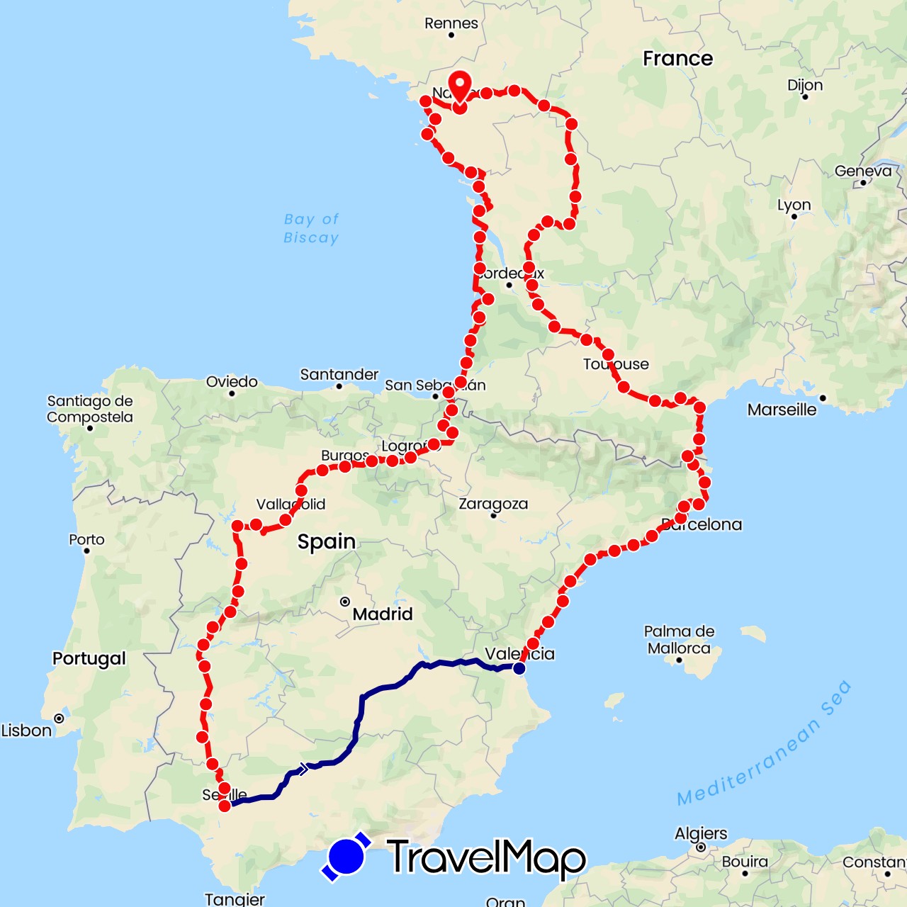 TravelMap itinerary: driving, parcours reel, espagne2025 in Spain, France (Europe)