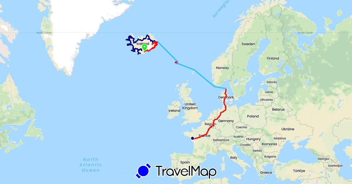TravelMap itinerary: driving, boat, parcours reel, rando in Belgium, Germany, Denmark, Faroe Islands, France, Iceland, Netherlands (Europe)