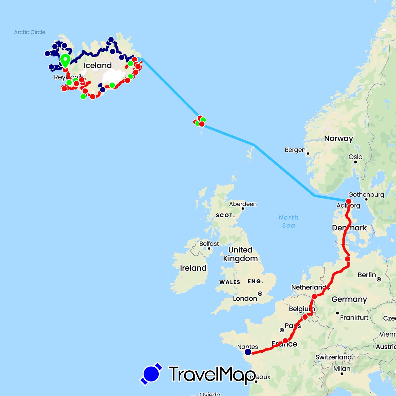 TravelMap itinerary: driving, boat, parcours reel, rando in Belgium, Germany, Denmark, Faroe Islands, France, Iceland, Netherlands (Europe)